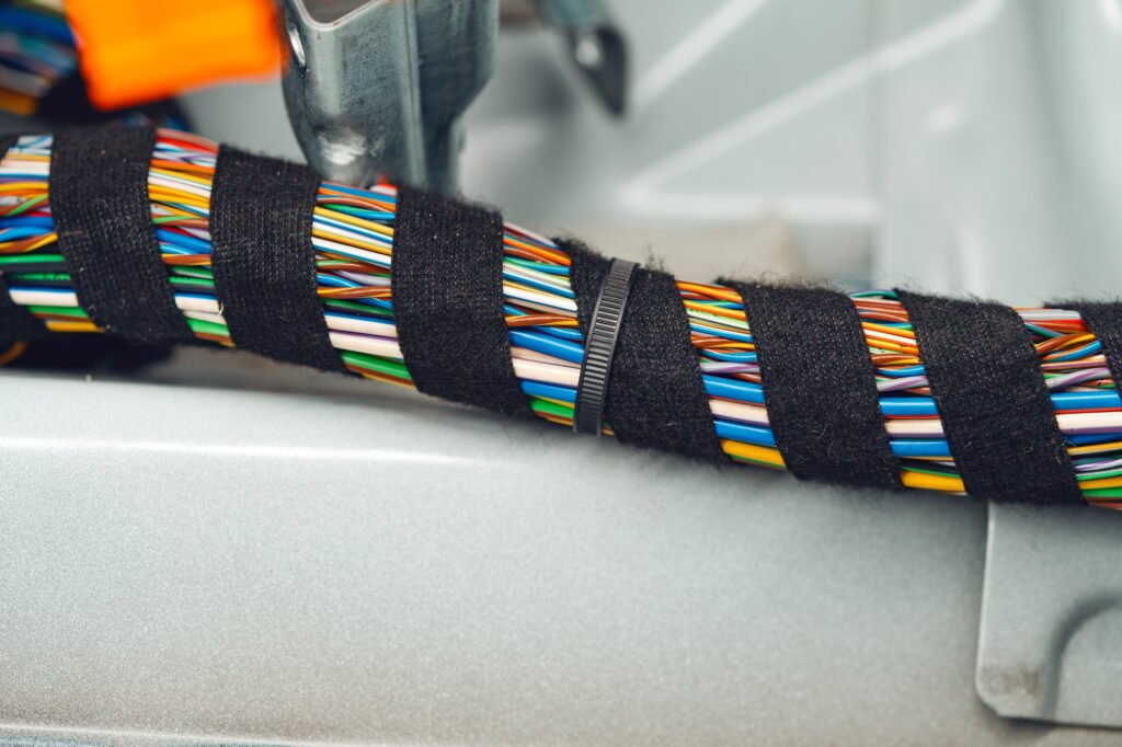 electric wiring system with colorful wires in the car